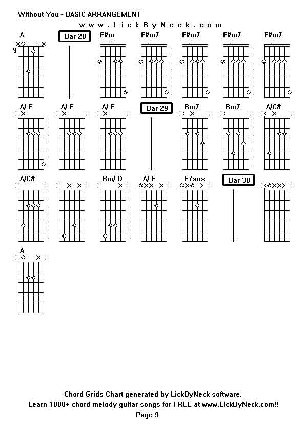 Chord Grids Chart of chord melody fingerstyle guitar song-Without You - BASIC ARRANGEMENT,generated by LickByNeck software.